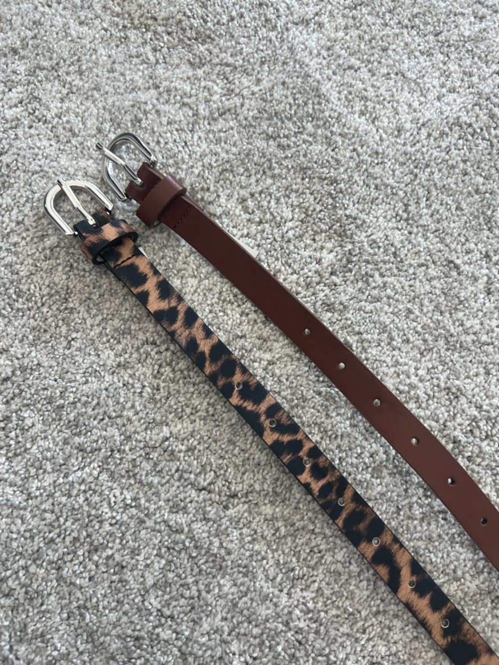 Set of Two Women's Belts - Brown Leather + Leopard Print